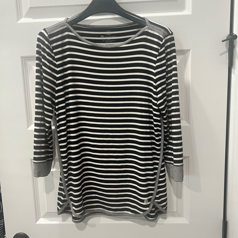 Talbots Black and White Striped Crewneck Top